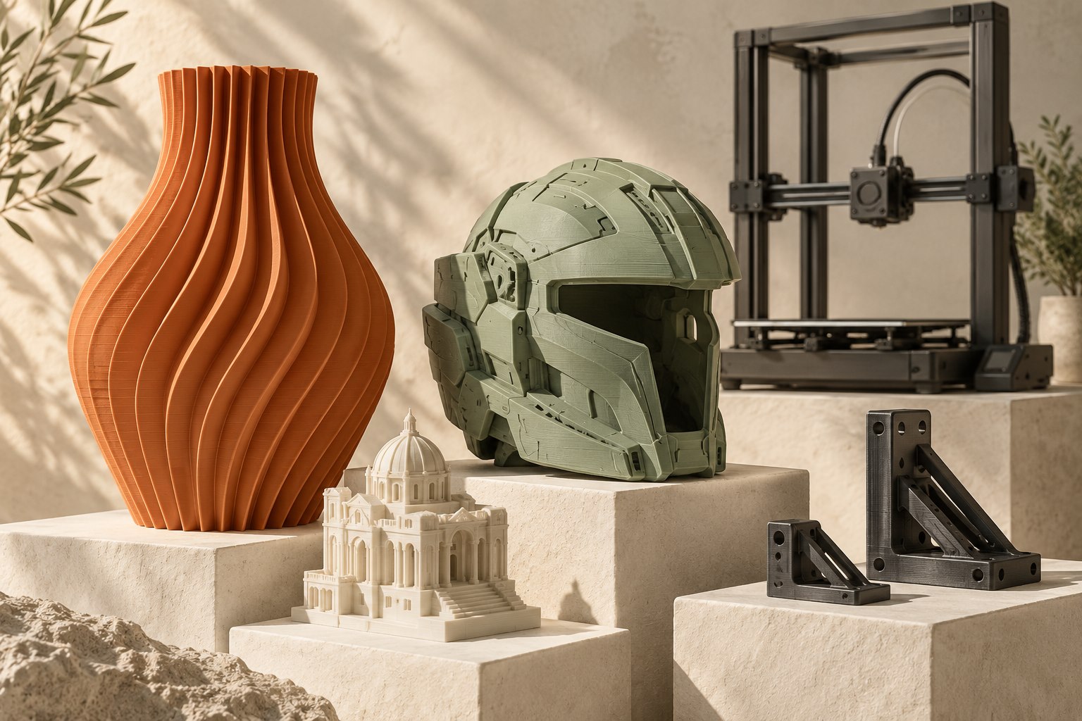 KI-Bildmontage mit einer orangefarbenen Vase, einem grünen Cosplay-Helm, Architekturmodell und einem unbenannten 3D-Drucker